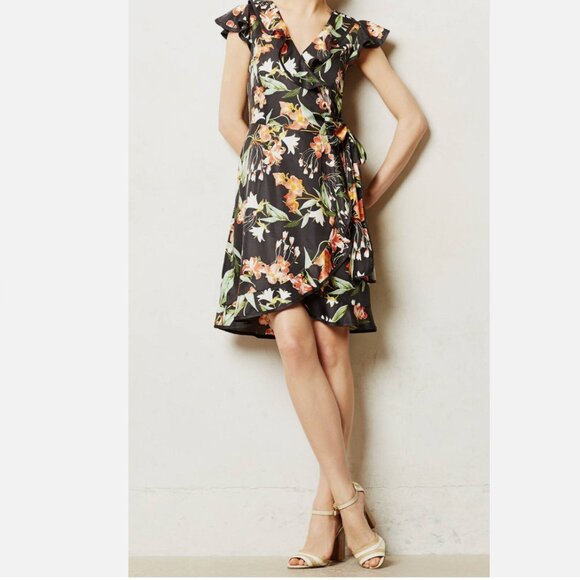 Hi There from Karen Walker Anthropologie Hibiscus Wrap Dress Black Orange Lily 2 - Picture 1 of 14